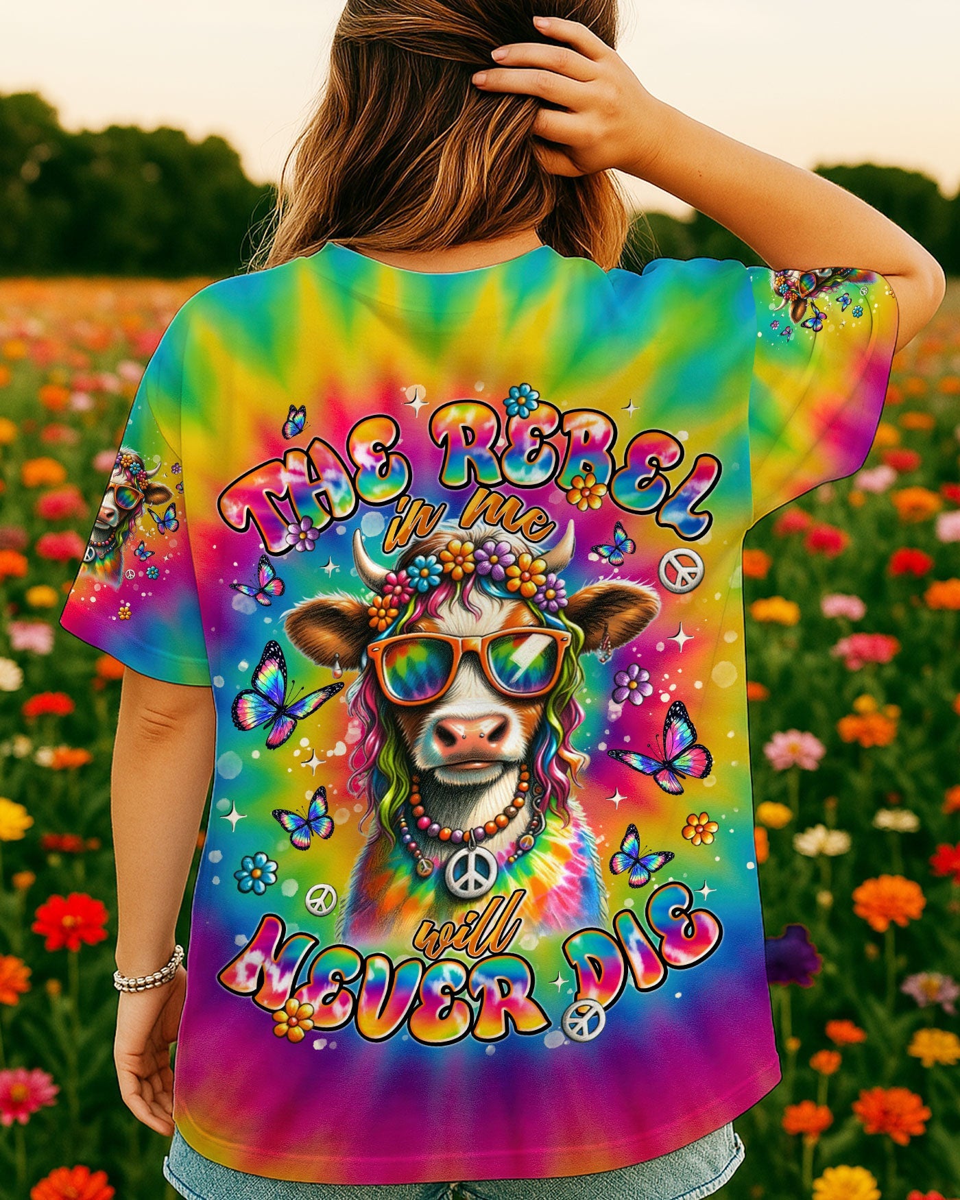 The Rebel in Me Will Never Die Colorful Tie Dye Hippie Cow Design with Peace Sign and Flowers AOP Shirts _1_ TTSst