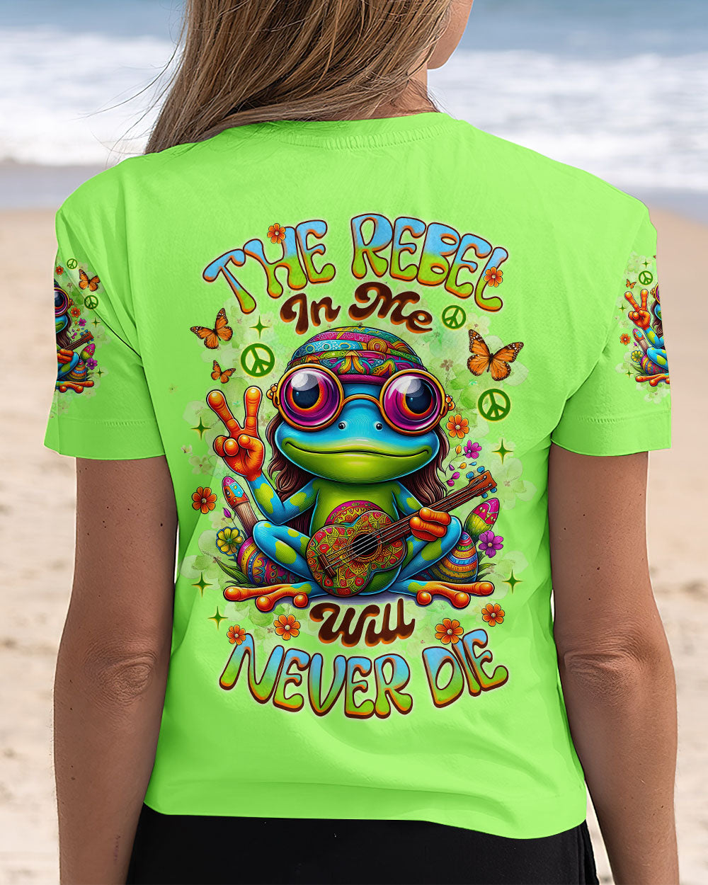 The Rebel in Me Will Never Die Hippie Frog Green with Peace Sign and Guitar Design AOP Shirts _10_ 1sprk