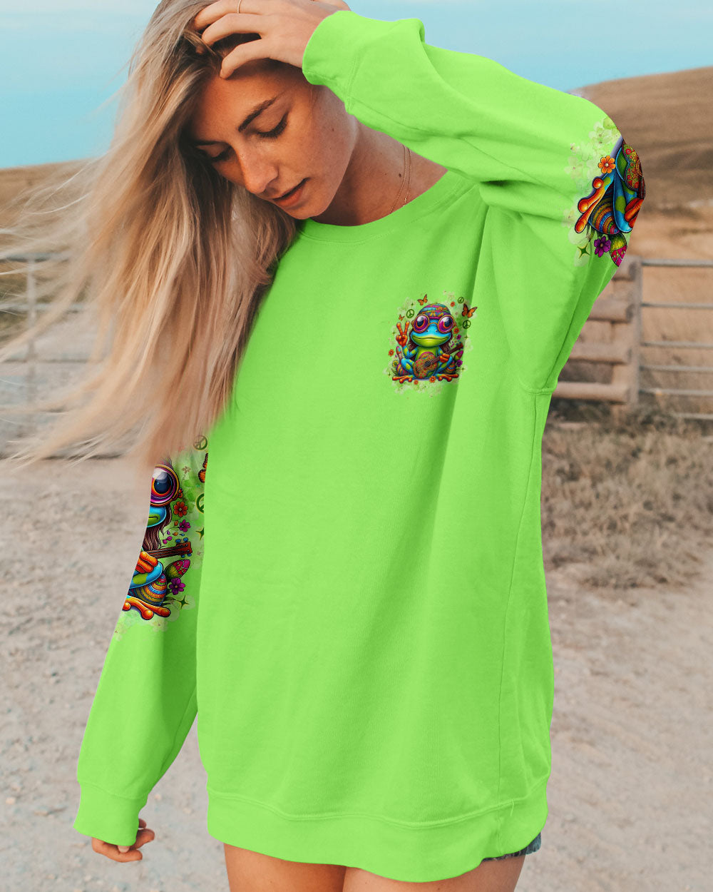 The Rebel in Me Will Never Die Hippie Frog Green with Peace Sign and Guitar Design AOP Shirts _13_ 9lKQs