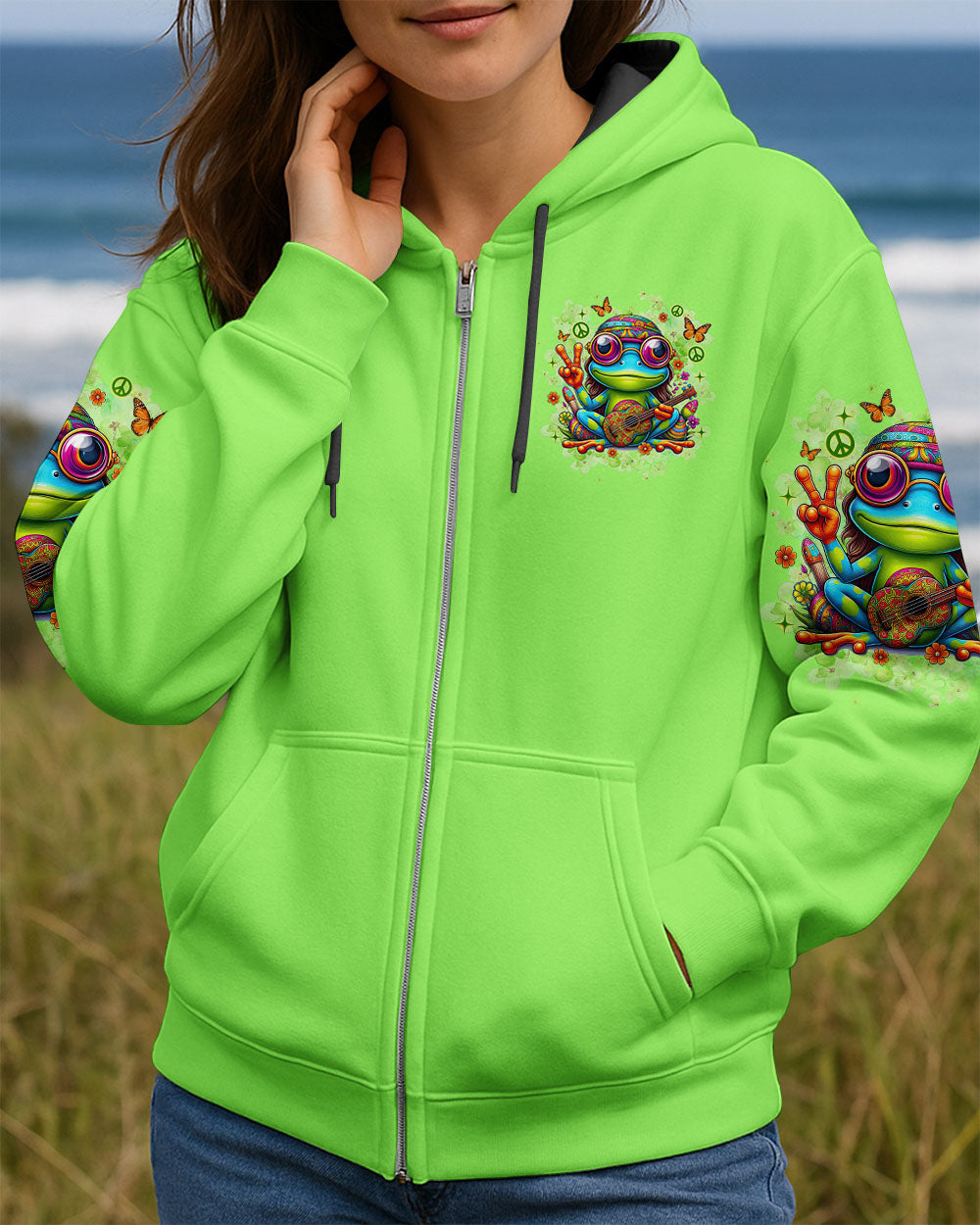 The Rebel in Me Will Never Die Hippie Frog Green with Peace Sign and Guitar Design AOP Shirts _15_ 3mSi9