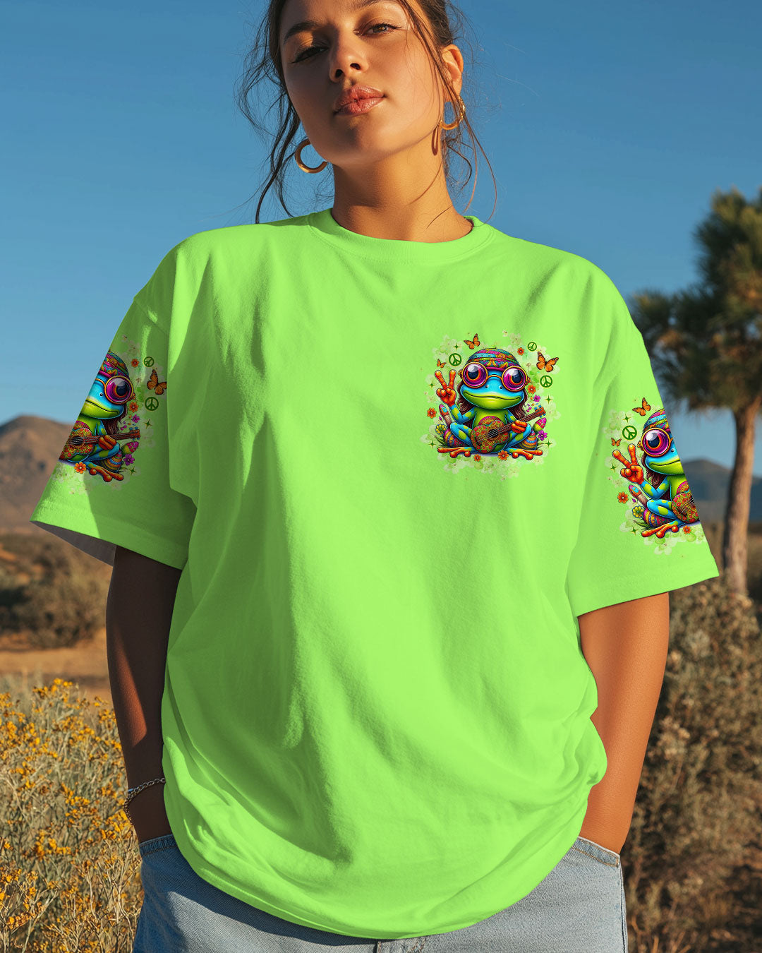 The Rebel in Me Will Never Die Hippie Frog Green with Peace Sign and Guitar Design AOP Shirts _7_ yLiBg