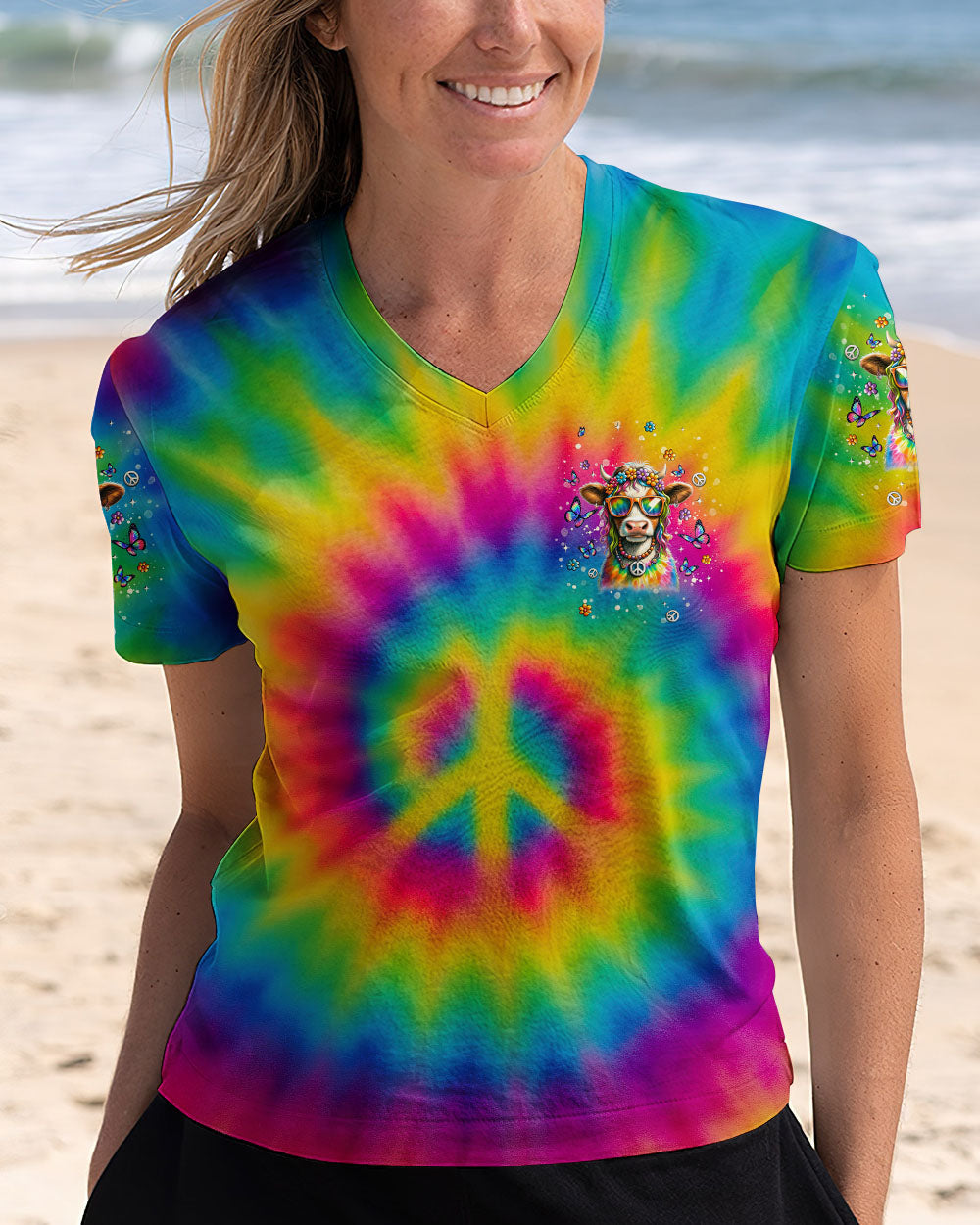 The Rebel in Me will Never Dia Colorful Tie Dye Cow with Peace Sign and Flowers Design AOP Shirts _2_ jWWZT
