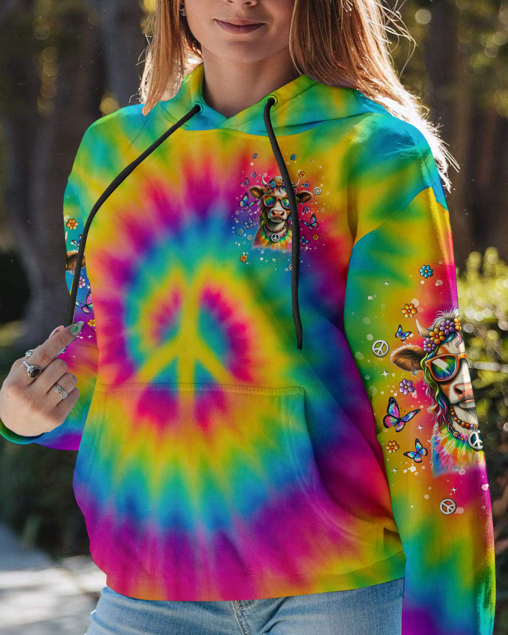 The Rebel in Me will Never Dia Colorful Tie Dye Cow with Peace Sign and Flowers Design AOP Shirts _4_ 25rvu
