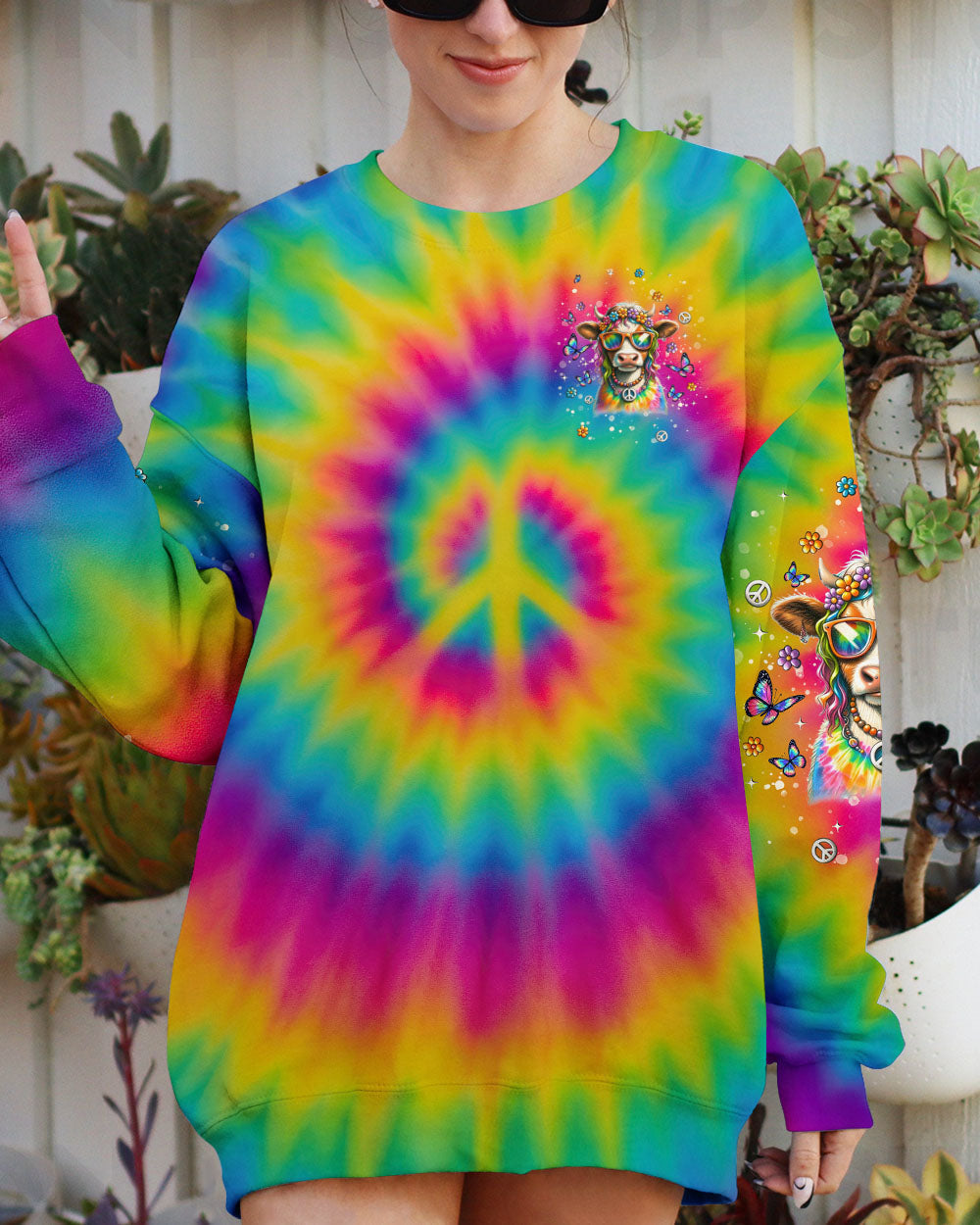 The Rebel in Me will Never Dia Colorful Tie Dye Cow with Peace Sign and Flowers Design AOP Shirts _6_ yce7L