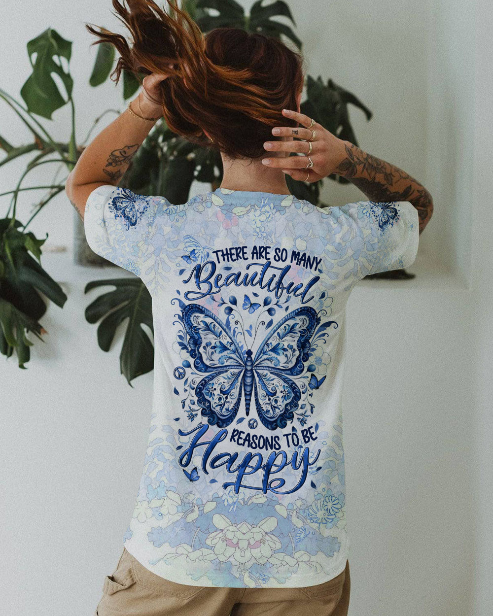 There Are So Many Beautiful Reasons to Be Happy Blue Butterfly Graphic AOP Shirts _11_ TCbNz