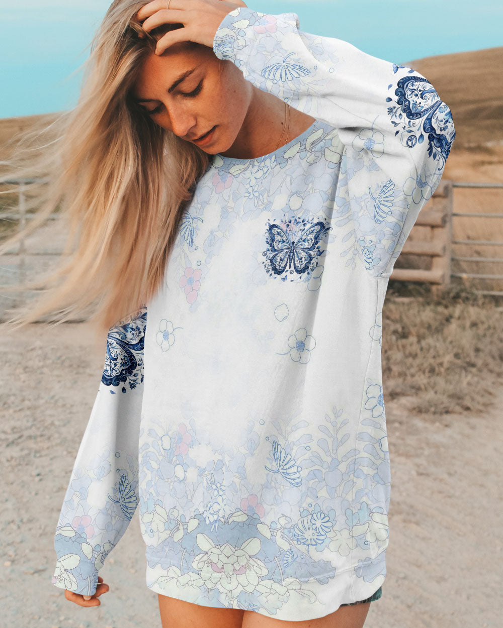 There Are So Many Beautiful Reasons to Be Happy Blue Butterfly Graphic AOP Shirts _4_ C3J7k