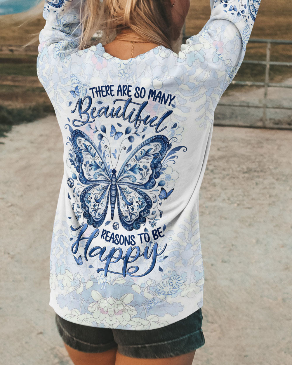 There Are So Many Beautiful Reasons to Be Happy Blue Butterfly Graphic AOP Shirts _5_ iYleq