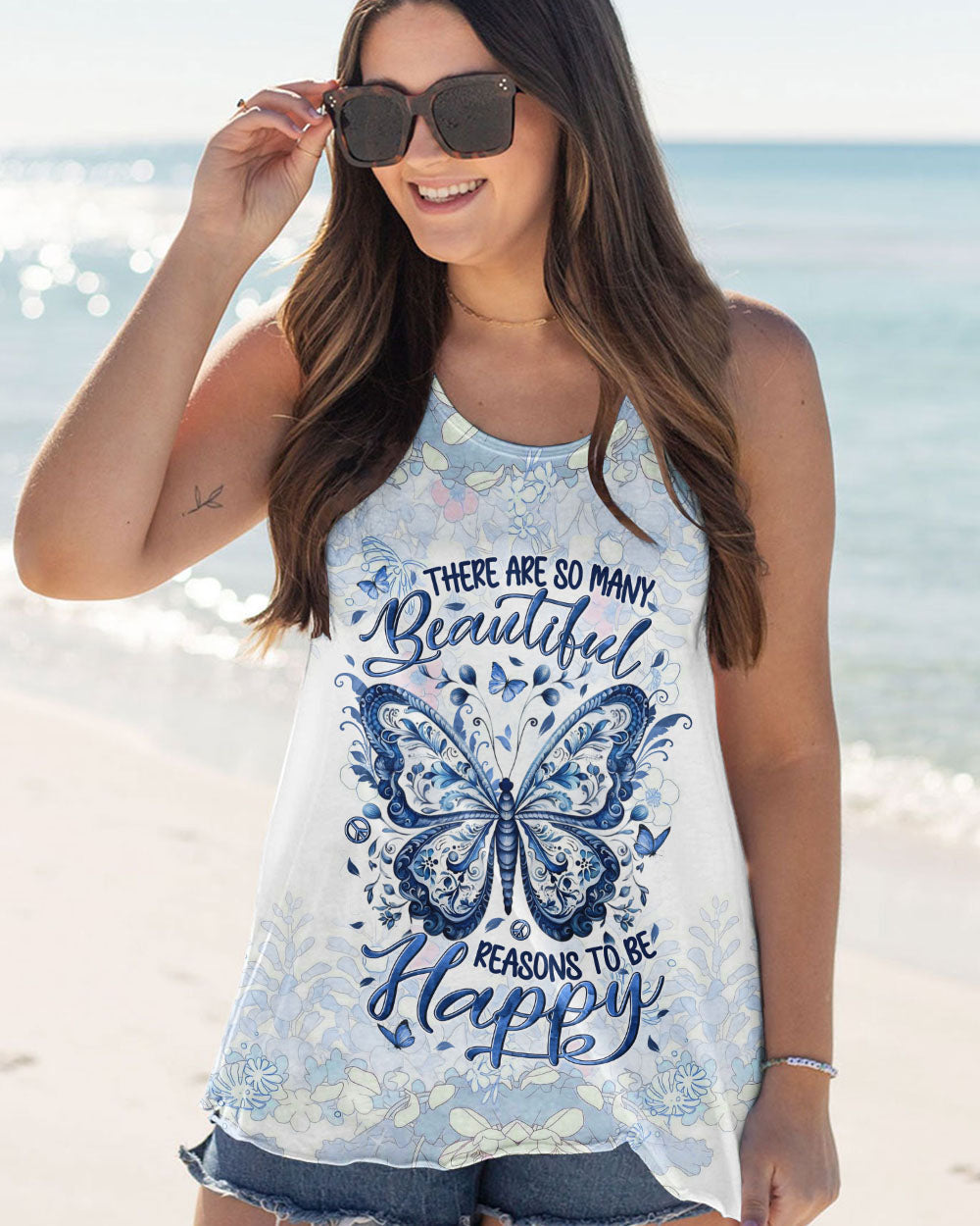 There Are So Many Beautiful Reasons to Be Happy Blue Butterfly Graphic AOP Shirts _7_ pxkdf
