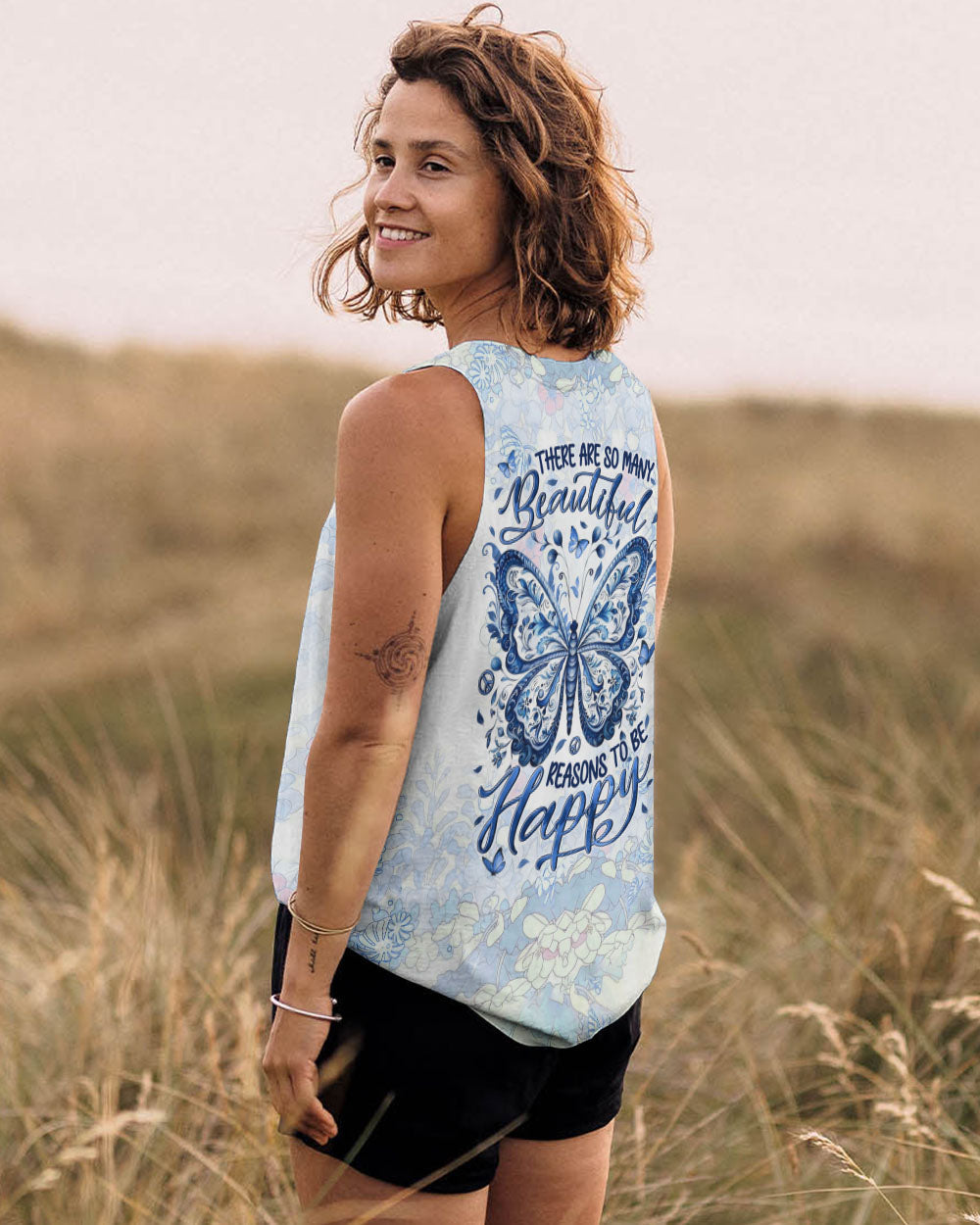 There Are So Many Beautiful Reasons to Be Happy Blue Butterfly Graphic AOP Shirts _9_ YtFdY
