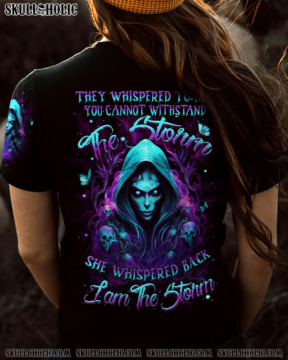 They Whispered to Her I Am the Storm Empowered Gothic Skull Magic Graphic AOP Shirts _11_ bMg4f