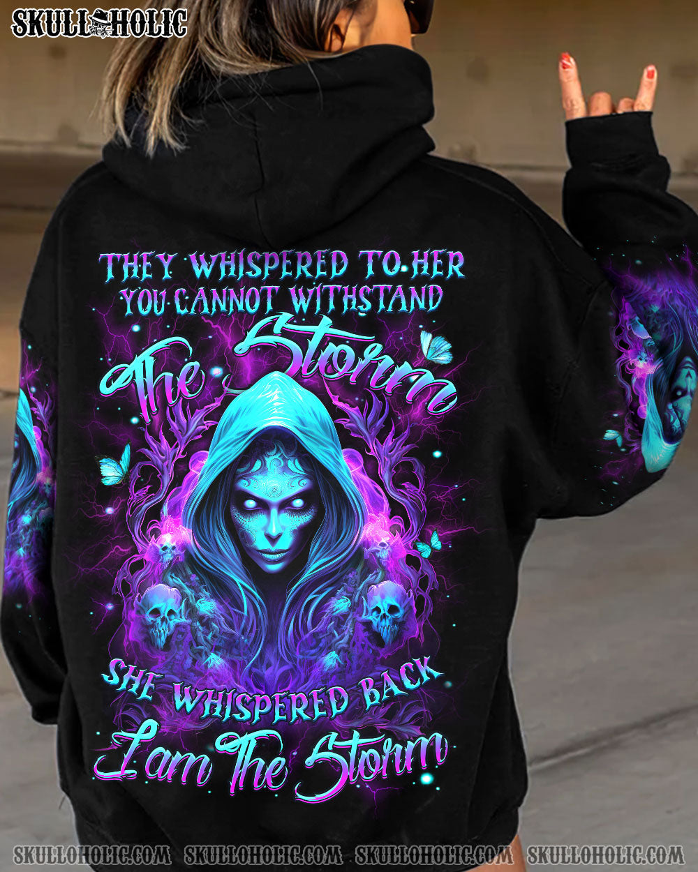 They Whispered to Her I Am the Storm Empowered Gothic Skull Magic Graphic AOP Shirts _13_ bh5pn