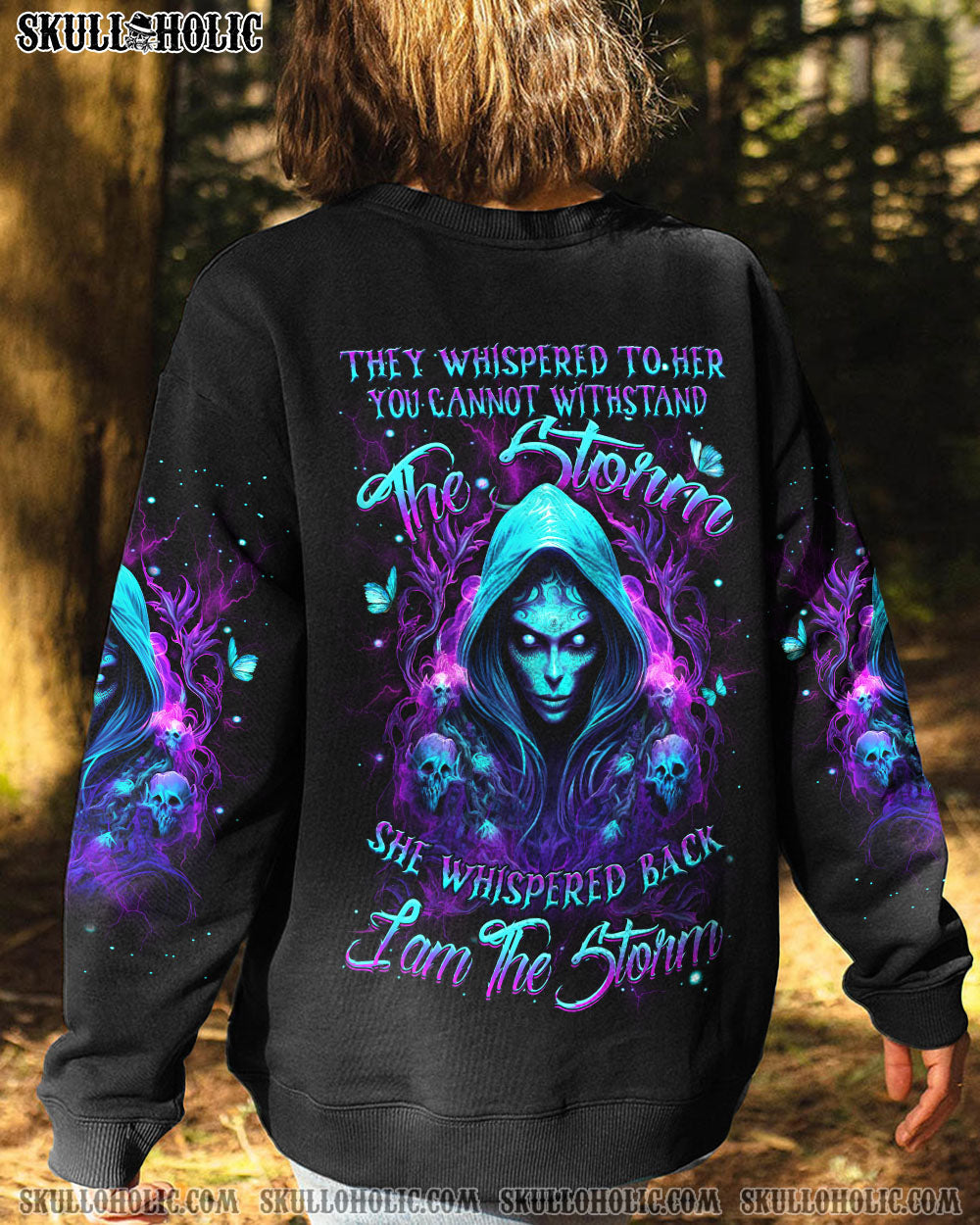 They Whispered to Her I Am the Storm Empowered Gothic Skull Magic Graphic AOP Shirts _15_ CiiUW