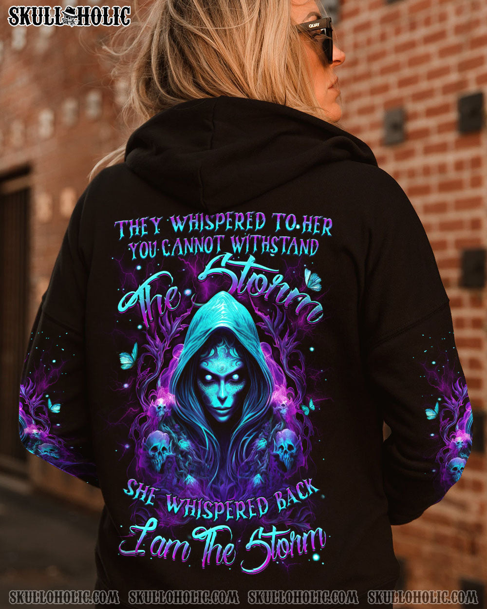 They Whispered to Her I Am the Storm Empowered Gothic Skull Magic Graphic AOP Shirts _1_ TGSNH
