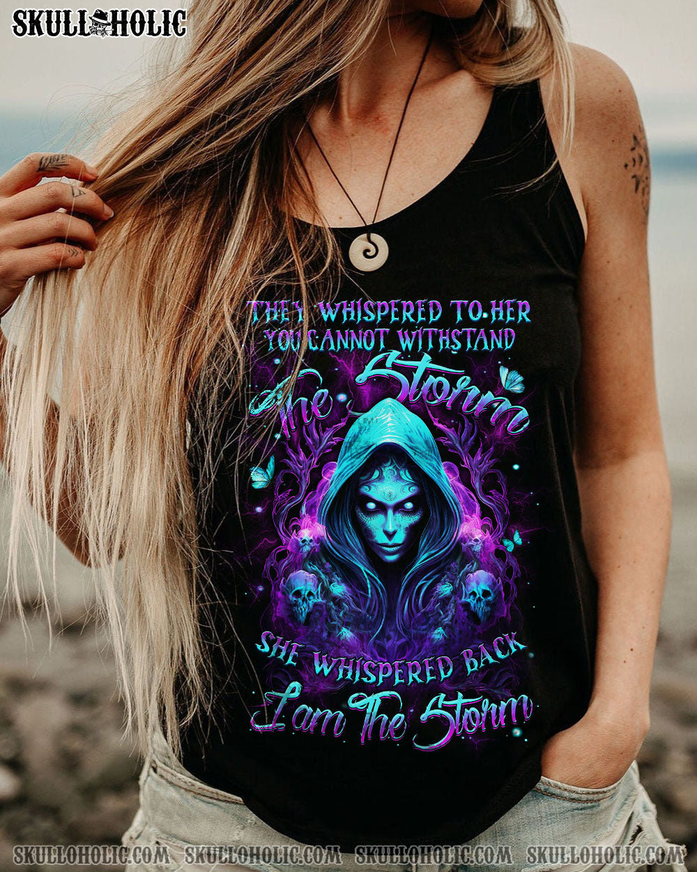 They Whispered to Her I Am the Storm Empowered Gothic Skull Magic Graphic AOP Shirts _2_ BrLzi