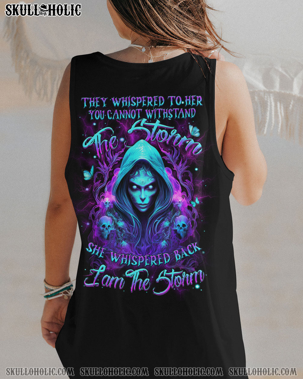 They Whispered to Her I Am the Storm Empowered Gothic Skull Magic Graphic AOP Shirts _4_ syGtr