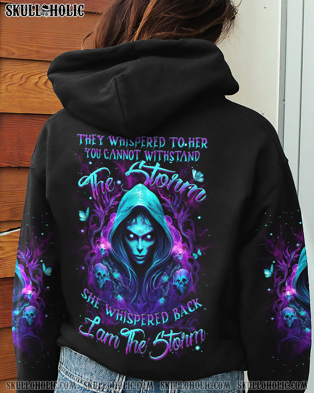 They Whispered to Her I Am the Storm Empowered Gothic Skull Magic Graphic AOP Shirts _5_ lBcal