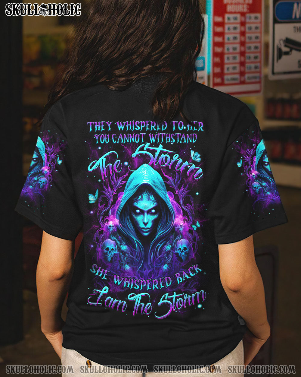They Whispered to Her I Am the Storm Empowered Gothic Skull Magic Graphic AOP Shirts _9_ tdCXu