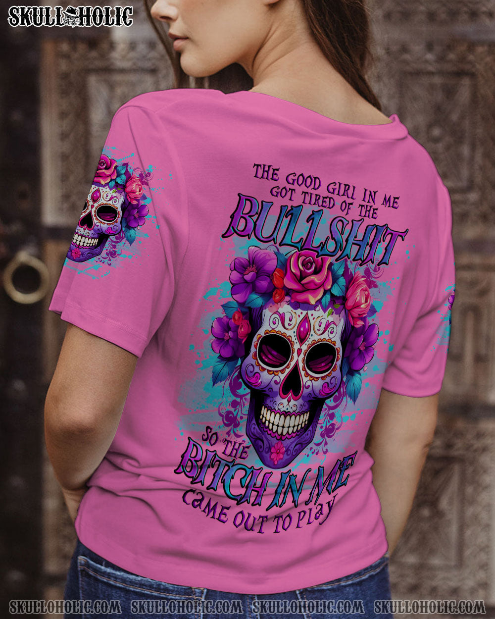 Tired of Bullshit Bitch in Me Came Out Floral Skull Attitude Graphic Pullover AOP Shirts _10_ 98jnS