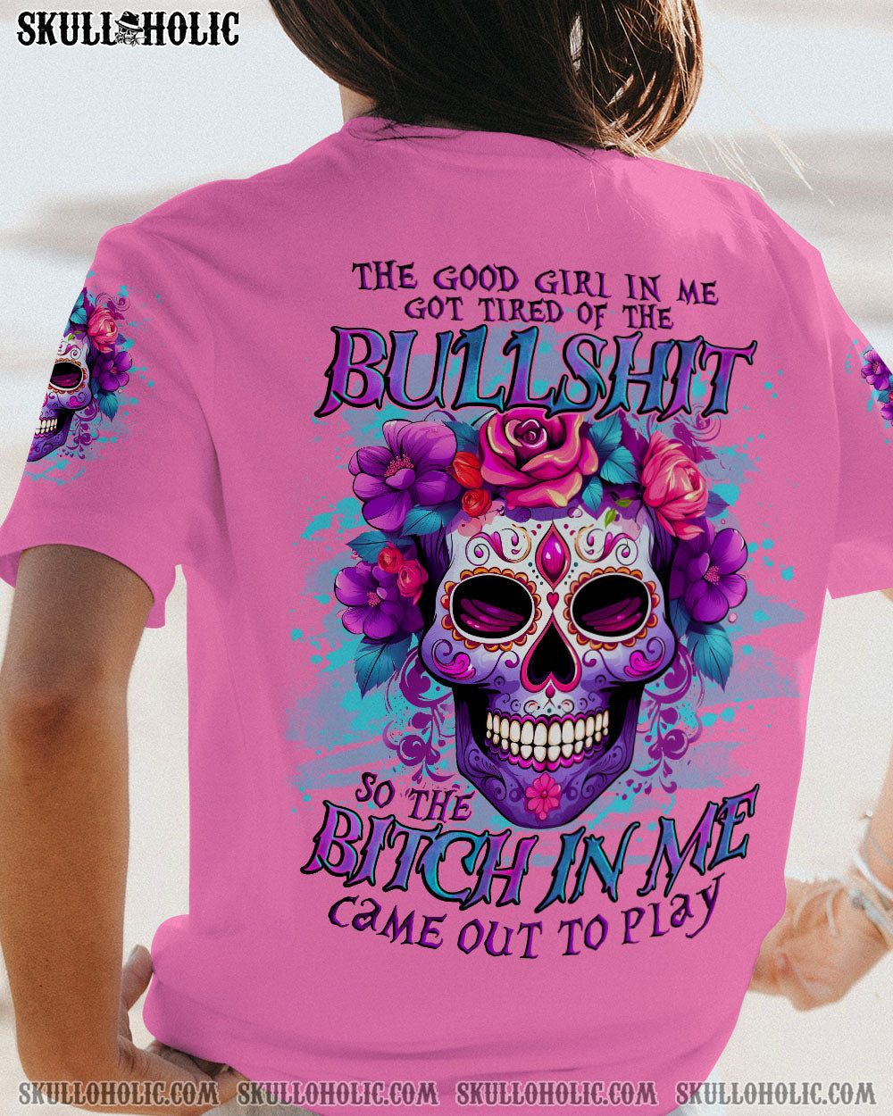 Tired of Bullshit Bitch in Me Came Out Floral Skull Attitude Graphic Pullover AOP Shirts _8_ KtcBX