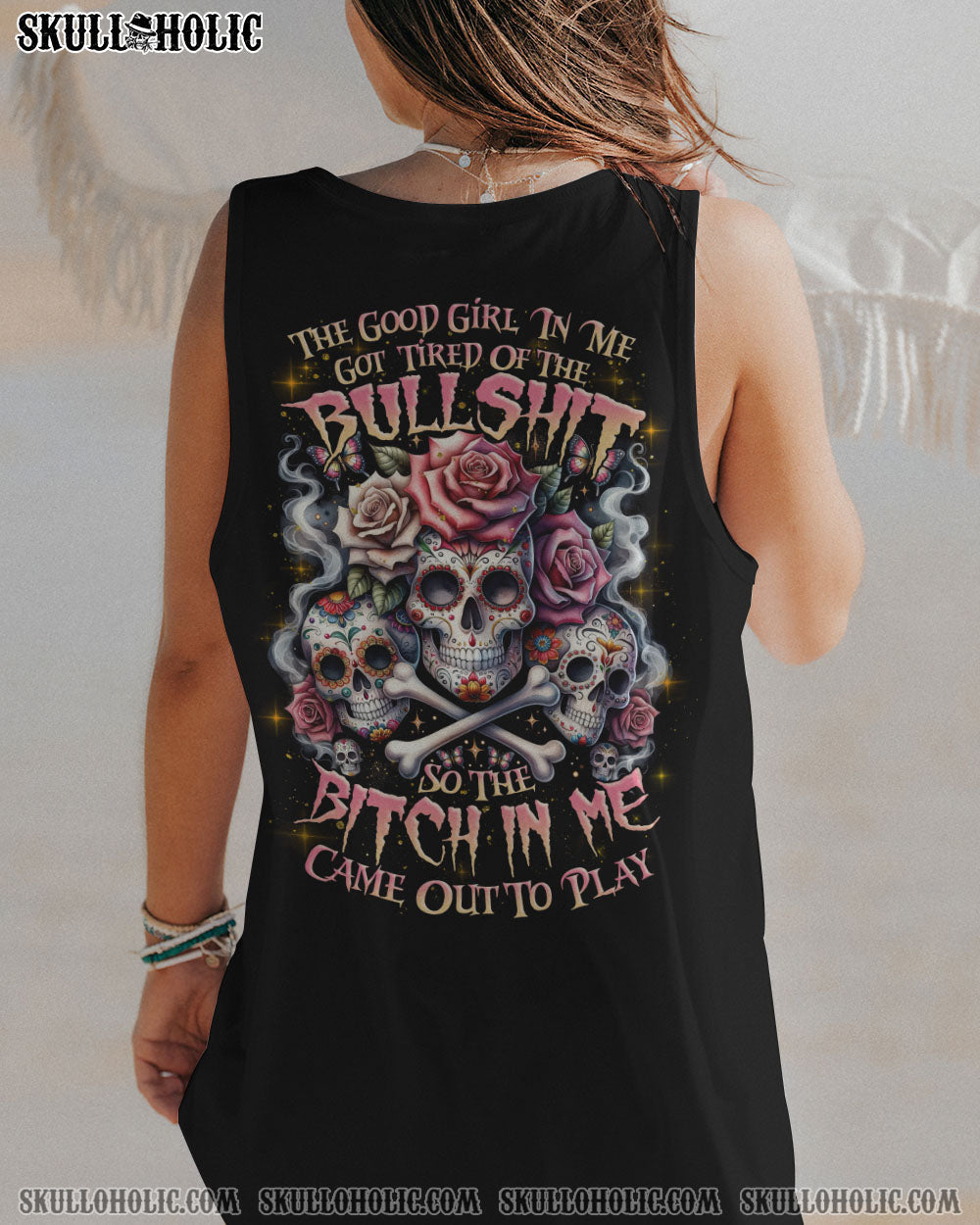 Tired of Bullshit Skull Bitch in Me Came Out Sugar Skulls and Roses Graphic AOP Shirts _11_ H4yYc
