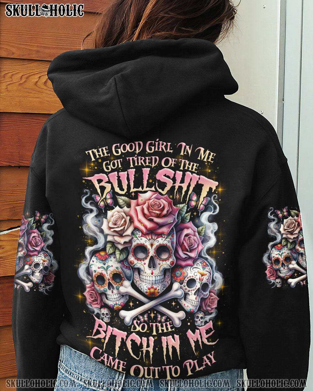 Tired of Bullshit Skull Bitch in Me Came Out Sugar Skulls and Roses Graphic AOP Shirts _12_ TOpky