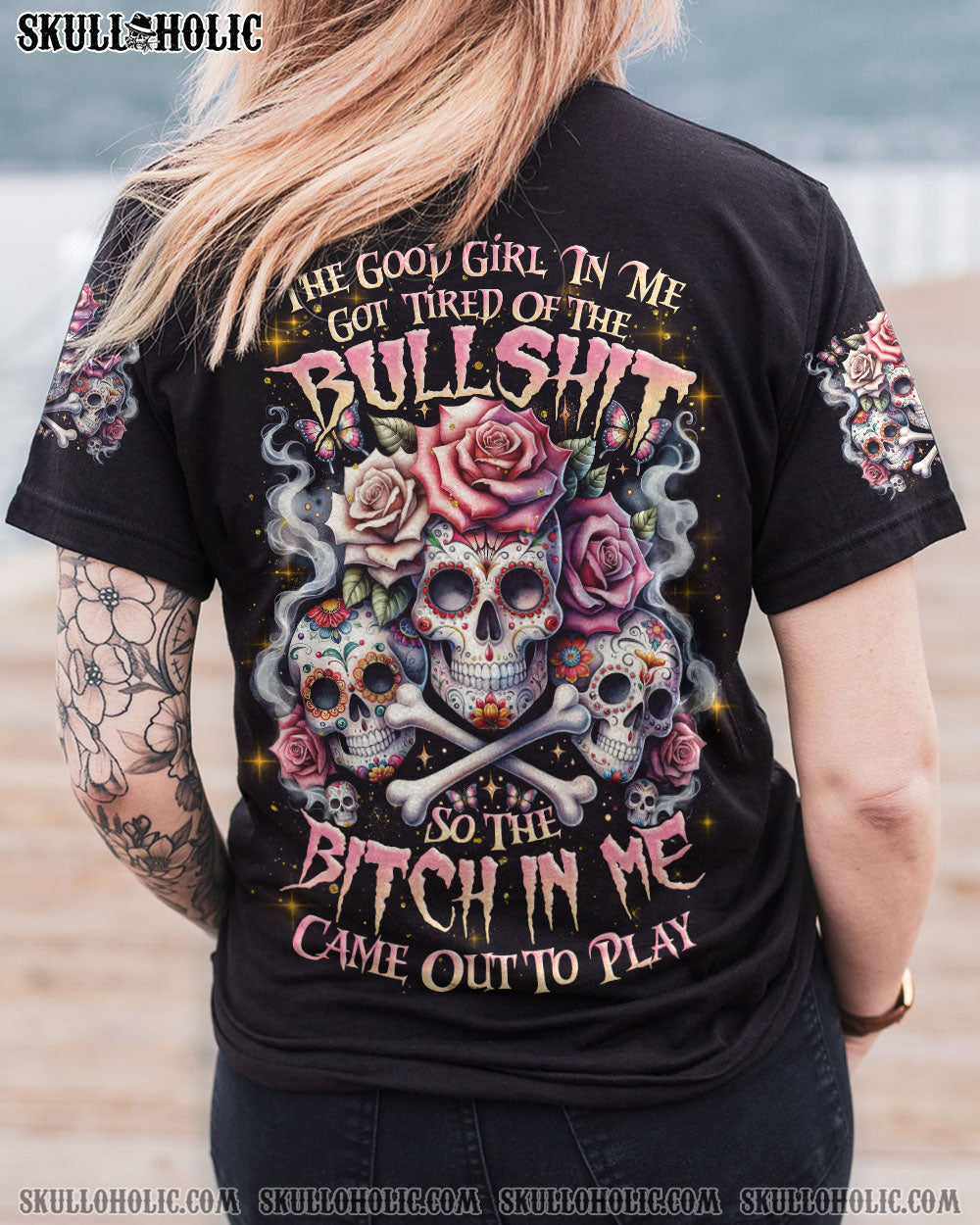 Tired of Bullshit Skull Bitch in Me Came Out Sugar Skulls and Roses Graphic AOP Shirts _1_ BMwyI