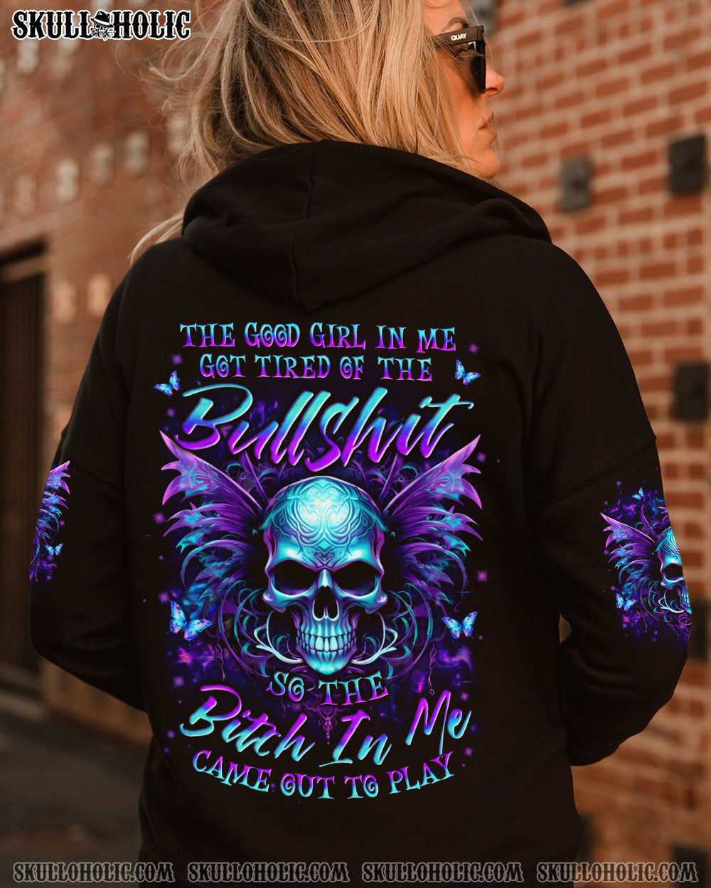 Tired of Bullshit Skull Bitch in Me Came out Purple Neon Skull Wings Graphic AOP Shirts _11_ QCC1L