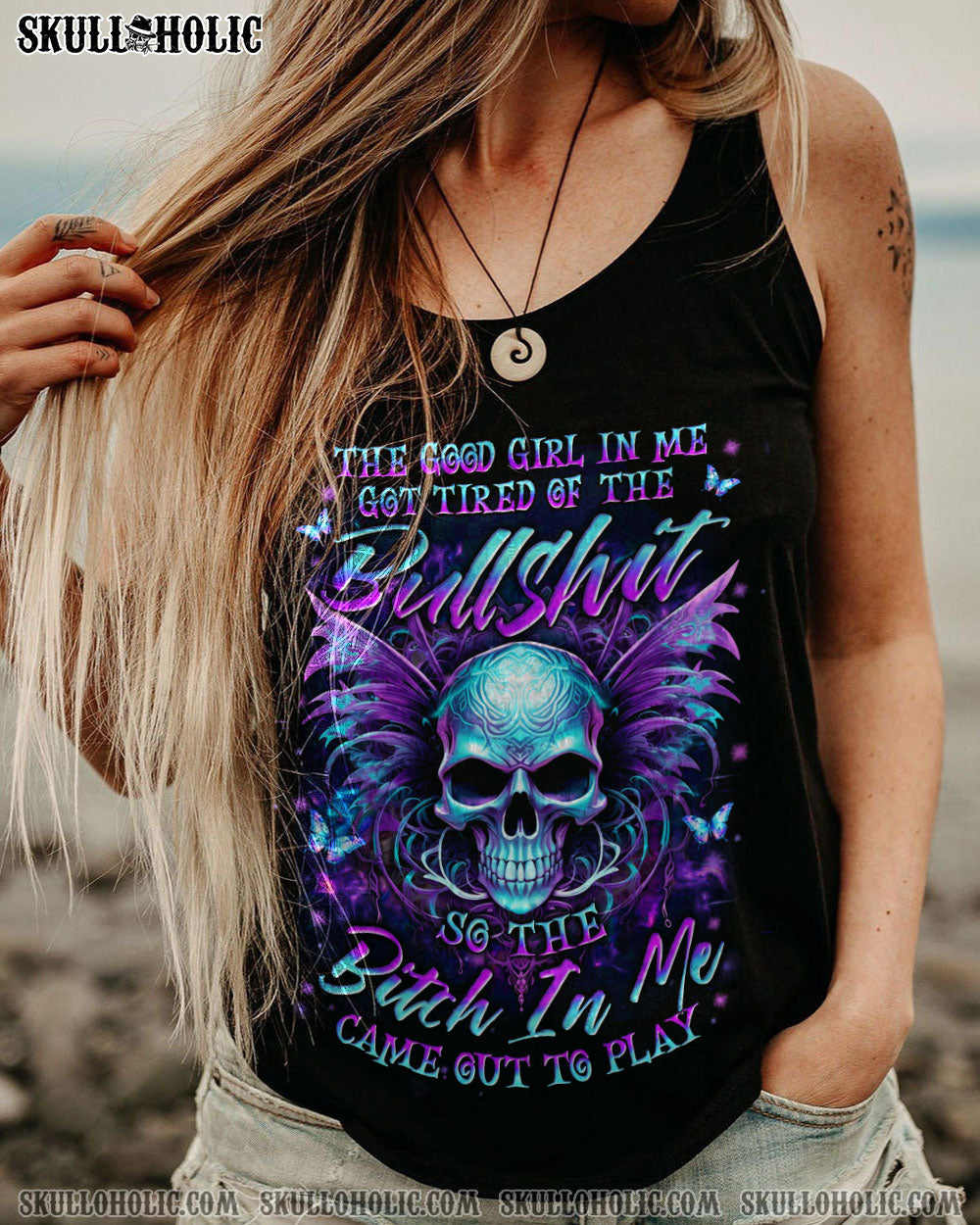Tired of Bullshit Skull Bitch in Me Came out Purple Neon Skull Wings Graphic AOP Shirts _12_ QnQaj