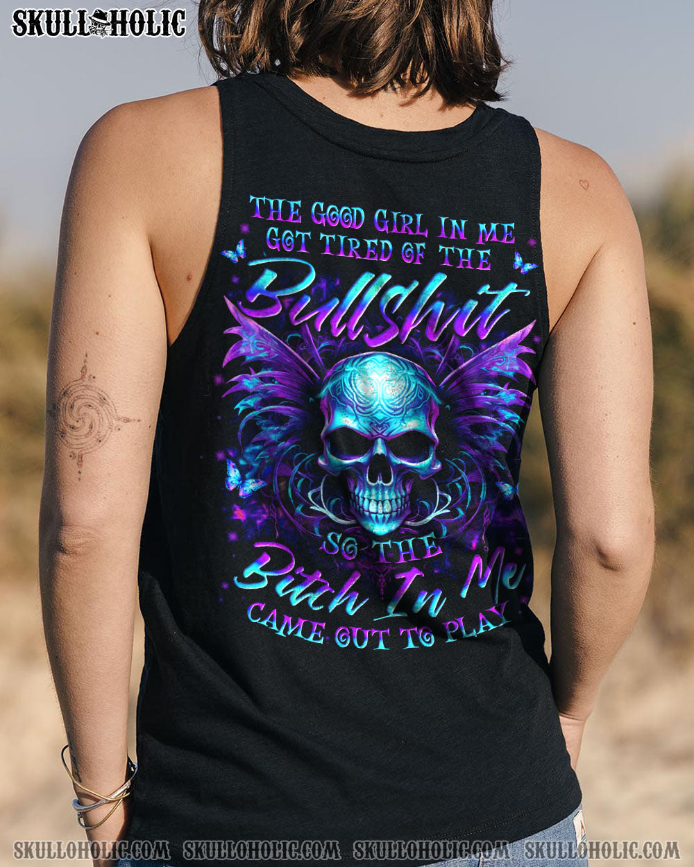 Tired of Bullshit Skull Bitch in Me Came out Purple Neon Skull Wings Graphic AOP Shirts _14_ NarQF