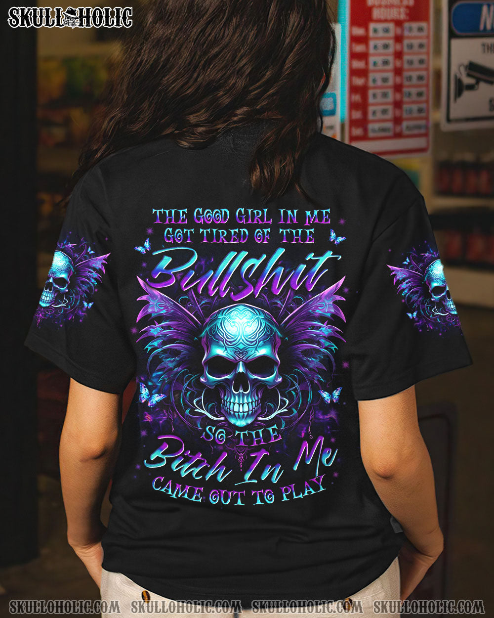 Tired of Bullshit Skull Bitch in Me Came out Purple Neon Skull Wings Graphic AOP Shirts _3_ M6hzi