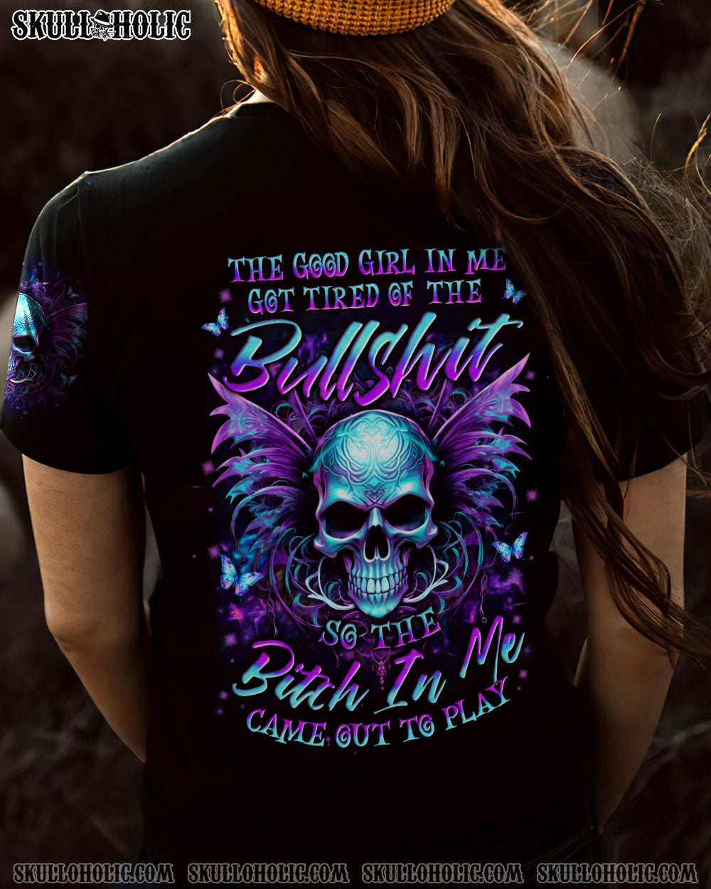 Tired of Bullshit Skull Bitch in Me Came out Purple Neon Skull Wings Graphic AOP Shirts _5_ 9RcZY
