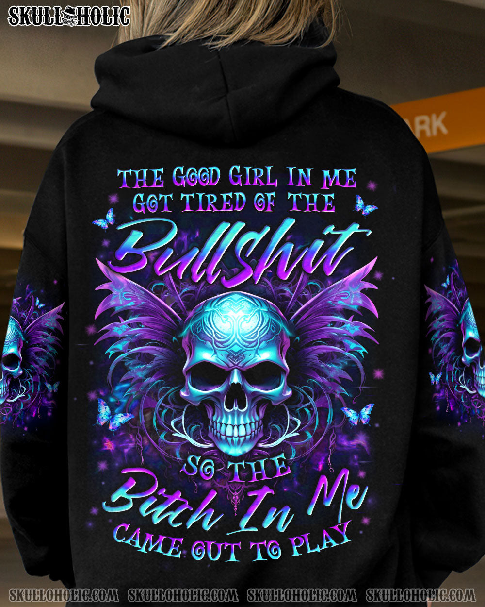Tired of Bullshit Skull Bitch in Me Came out Purple Neon Skull Wings Graphic AOP Shirts _7_ hOX5W