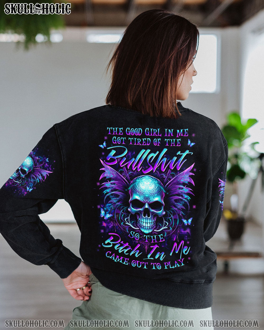 Tired of Bullshit Skull Bitch in Me Came out Purple Neon Skull Wings Graphic AOP Shirts _9_ rLHFy