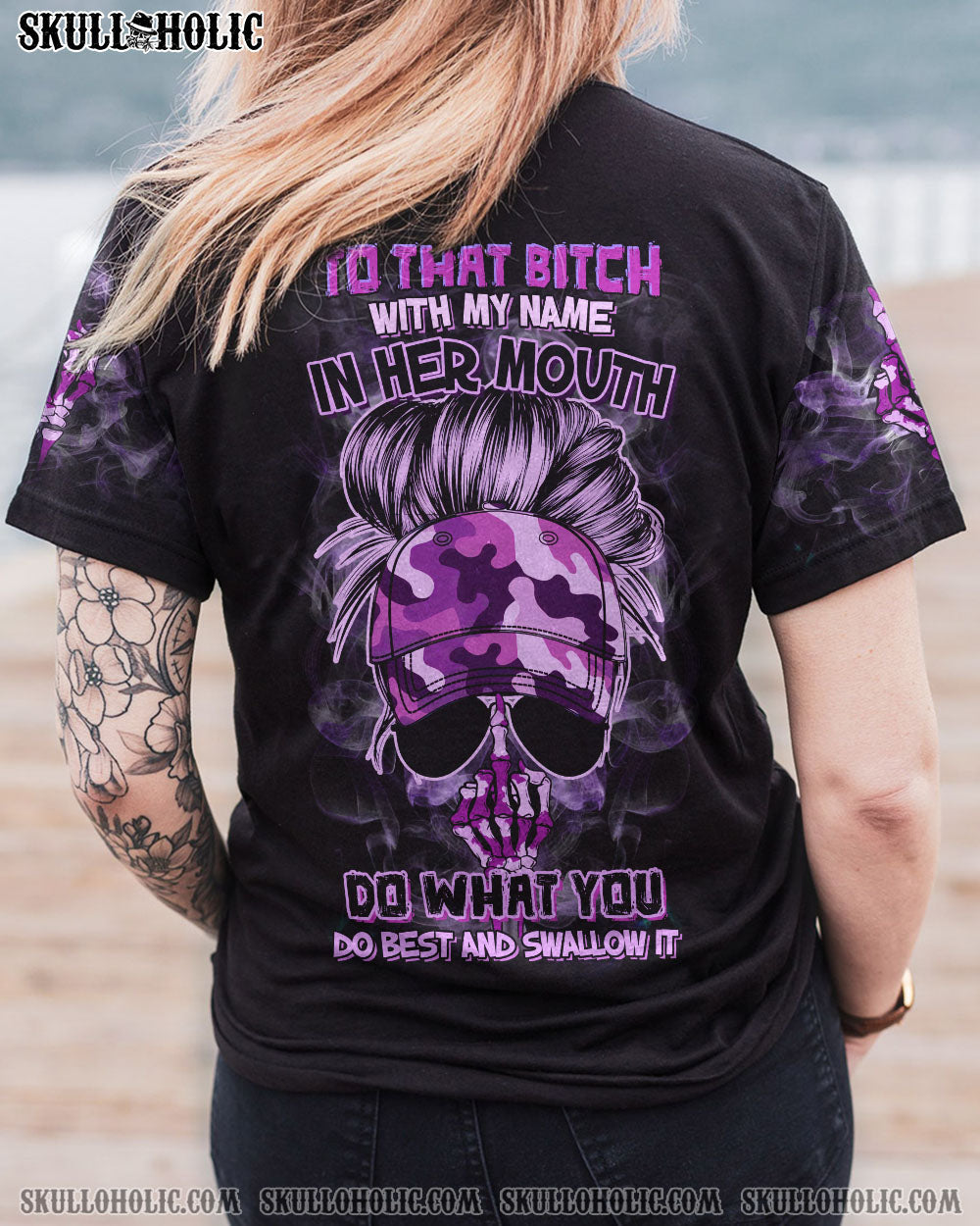 To that B with my name In Her Mouth Sassy Skull Purple Camo Attitude for Women AOP Shirts _11_ KSrEM