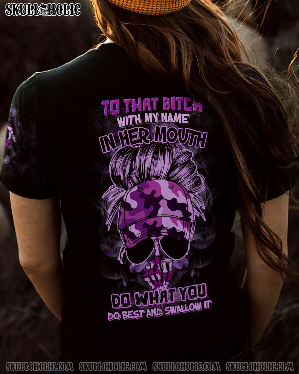 To that B with my name In Her Mouth Sassy Skull Purple Camo Attitude for Women AOP Shirts _13_ t896m
