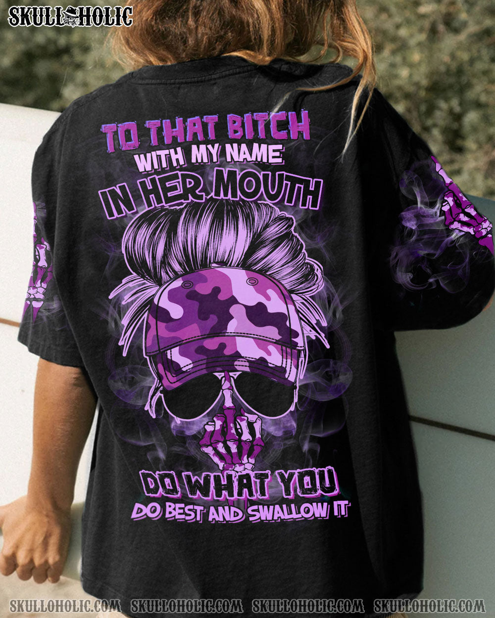To that B with my name In Her Mouth Sassy Skull Purple Camo Attitude for Women AOP Shirts _1_ iLvv5