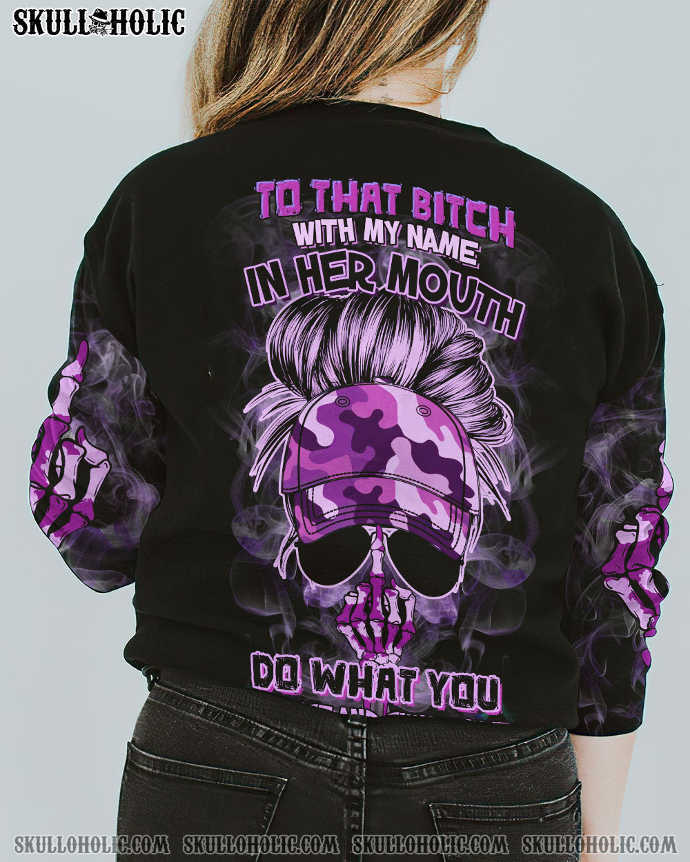 To that B with my name In Her Mouth Sassy Skull Purple Camo Attitude for Women AOP Shirts _8_ 4WwXF