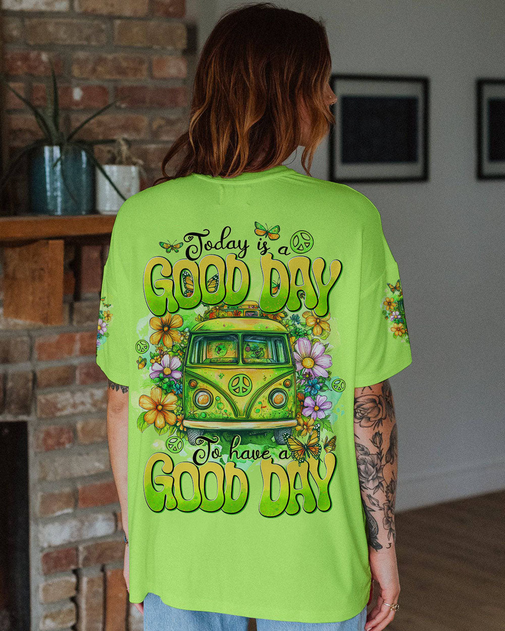 Today Is a Good Day to Have a Good Day Green Hippie Van Flower AOP Shirts _3_ VjvT7