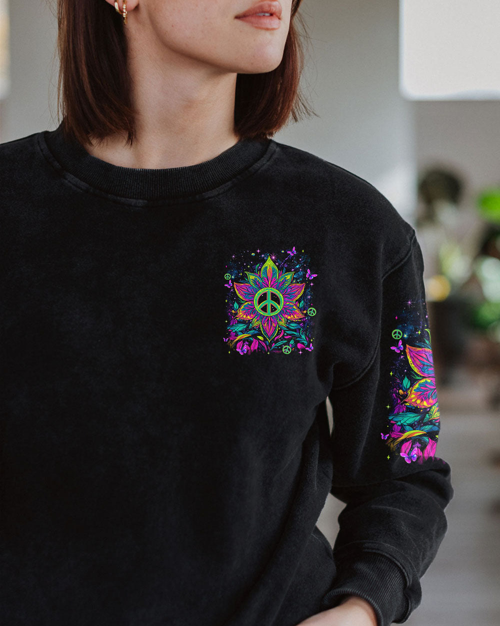 Trippy Peace Y_E2_80_99all Psychedelic Neon Floral Peace Sign Retro Hippie AOP Shirts _2_ F7qb3