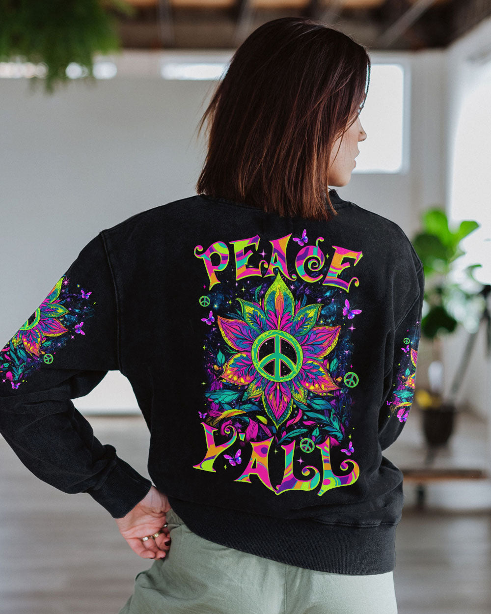 Trippy Peace Y_E2_80_99all Psychedelic Neon Floral Peace Sign Retro Hippie AOP Shirts _3_ QyW86