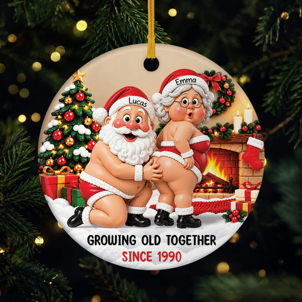 Funny Santa Growing Old Together Christmas Gift For Couple - Personalized Ceramic Ornament
