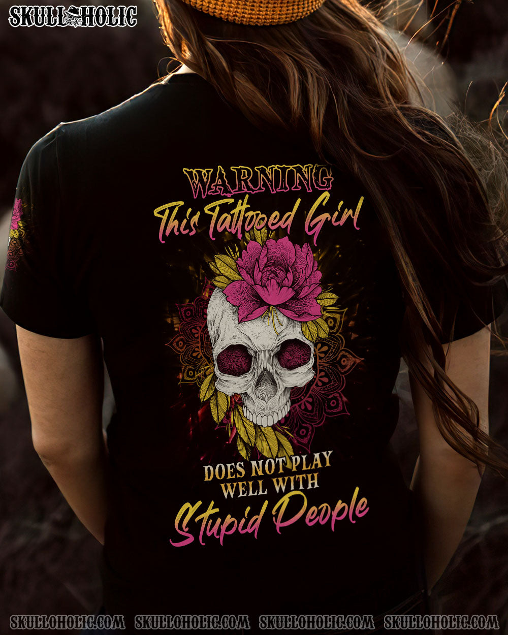 Warning This Tattooed Girl Does Not Play Well With Stupid People Skull _26 Flower Graphic AOP Shirts _10_ A5DiA