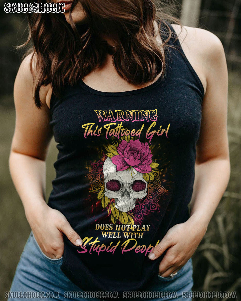 Warning This Tattooed Girl Does Not Play Well With Stupid People Skull _26 Flower Graphic AOP Shirts _11_ 2zpt2