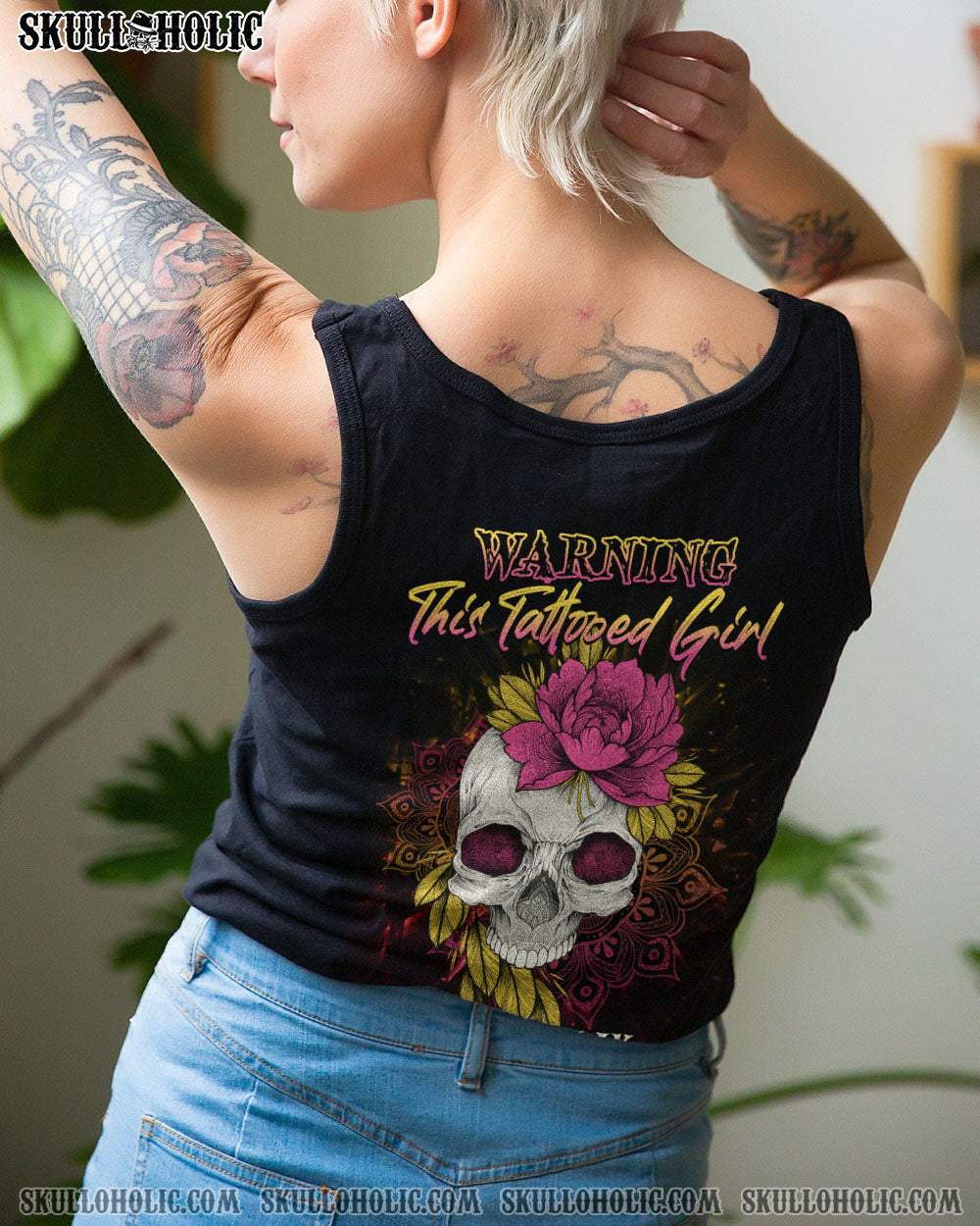 Warning This Tattooed Girl Does Not Play Well With Stupid People Skull _26 Flower Graphic AOP Shirts _13_ SqYkS