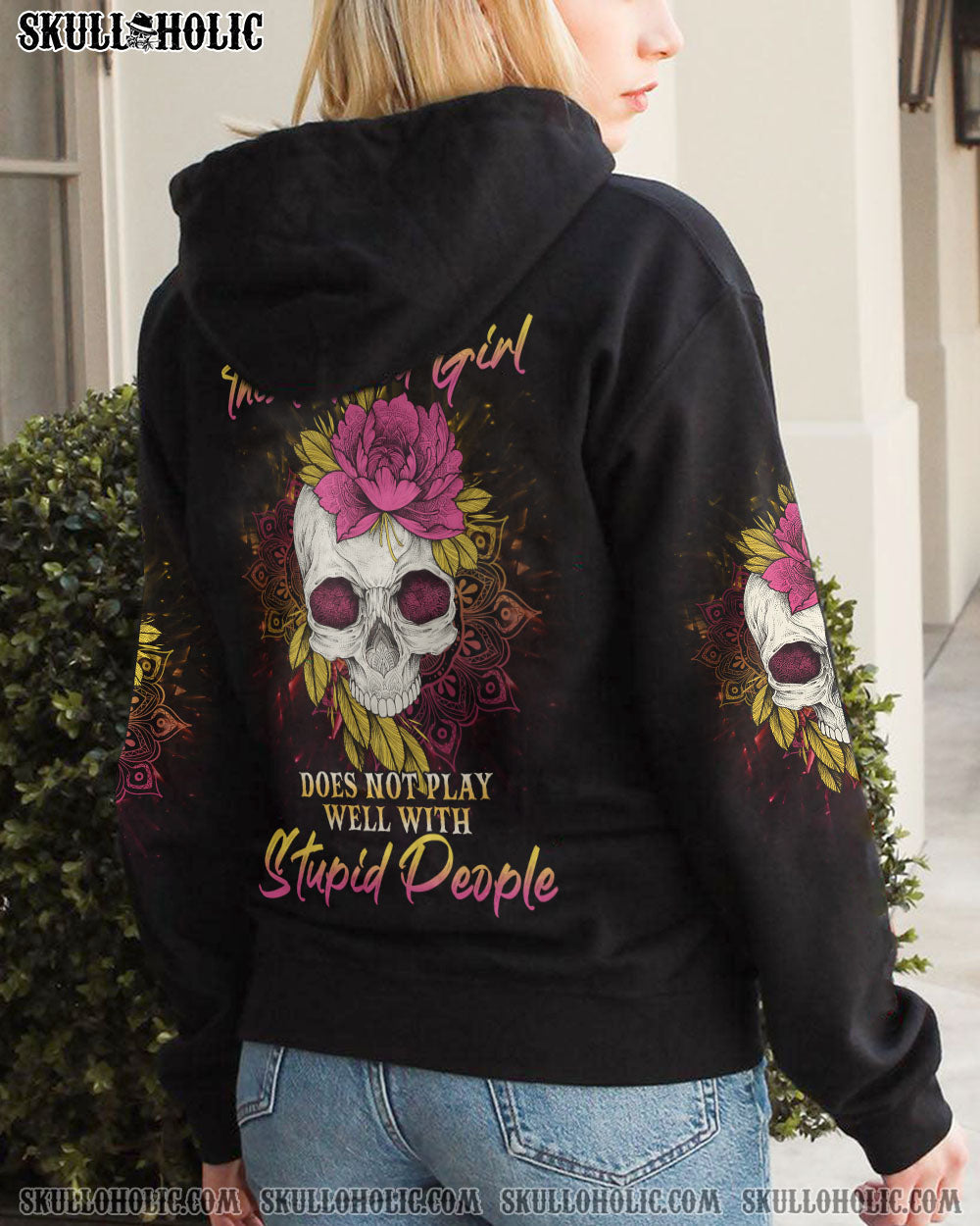 Warning This Tattooed Girl Does Not Play Well With Stupid People Skull _26 Flower Graphic AOP Shirts _3_ vYjCW