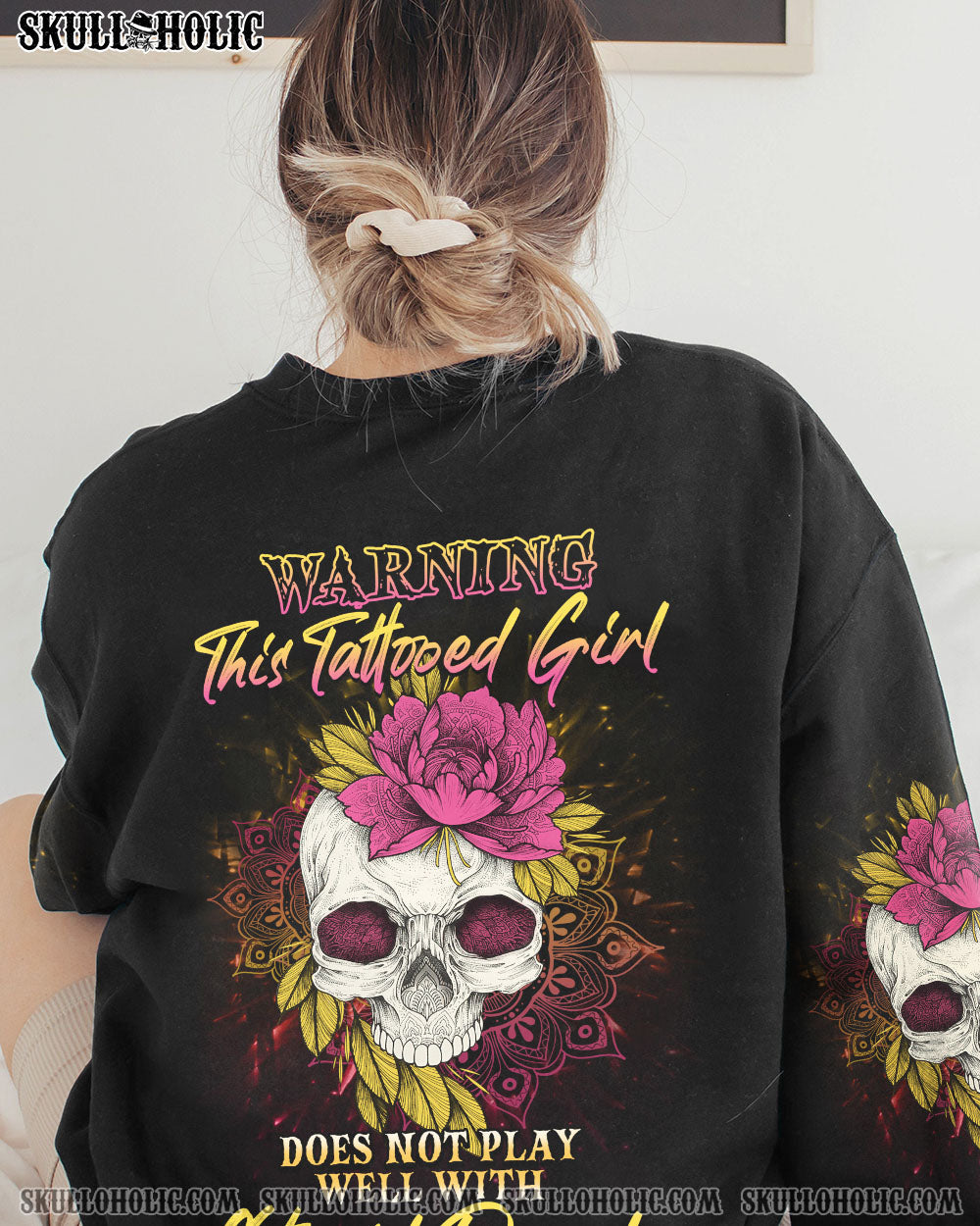 Warning This Tattooed Girl Does Not Play Well With Stupid People Skull _26 Flower Graphic AOP Shirts _5_ R2SsP
