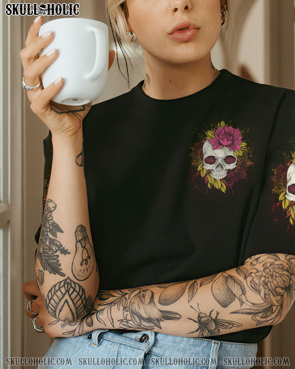 Warning This Tattooed Girl Does Not Play Well With Stupid People Skull _26 Flower Graphic AOP Shirts _7_ FXnxp