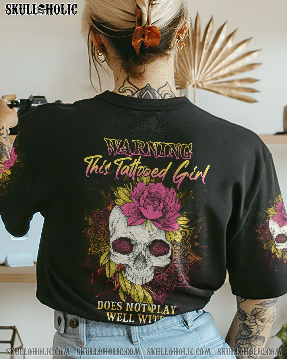 Warning This Tattooed Girl Does Not Play Well With Stupid People Skull _26 Flower Graphic AOP Shirts _8_ okibo