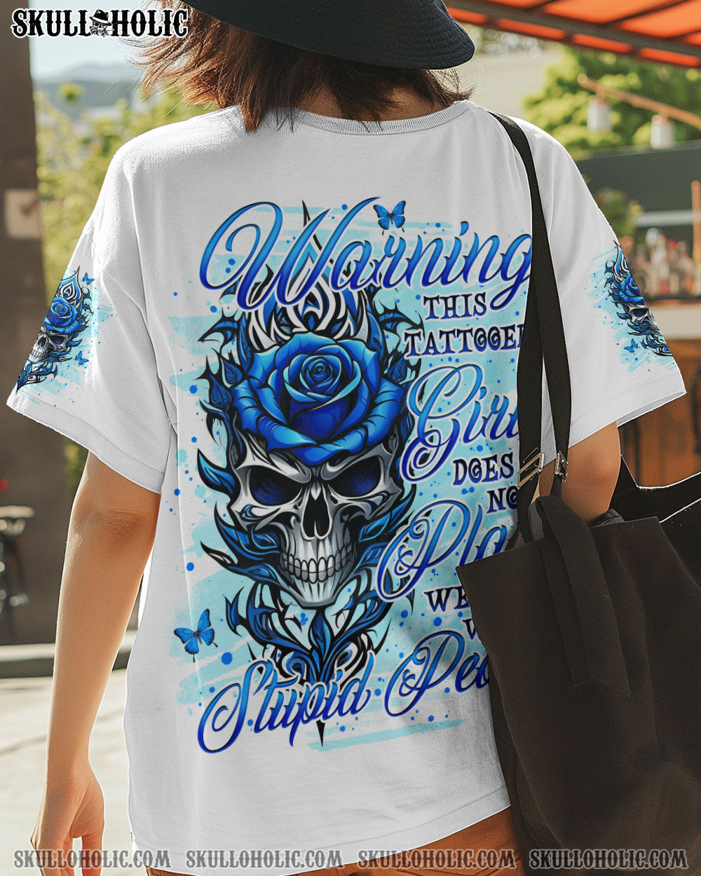 Warning this Tattooed Girl does not Play well with Stupid People Blue Skull Rose Graphic AOP Shirts _13_ tTAsK