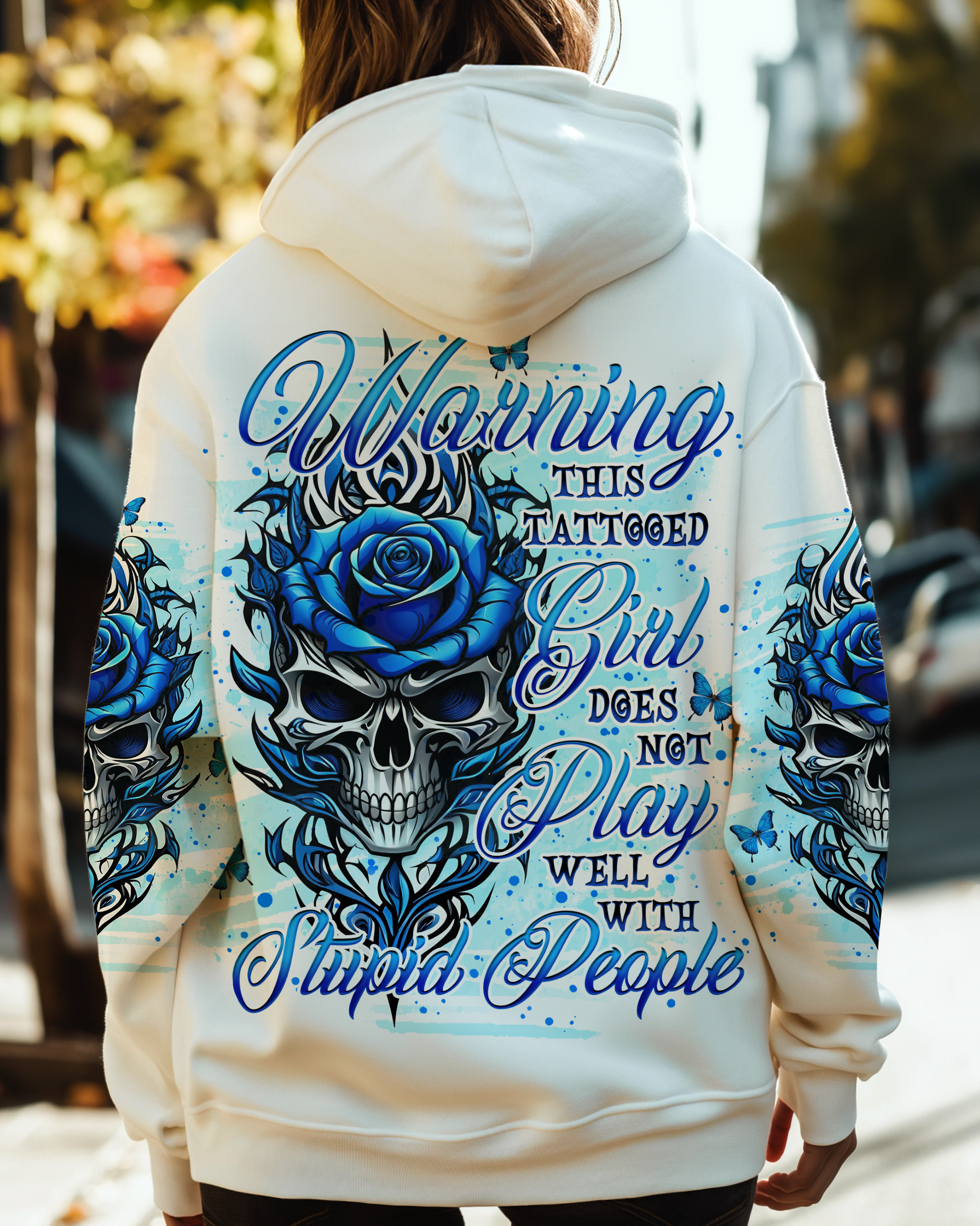 Warning this Tattooed Girl does not Play well with Stupid People Blue Skull Rose Graphic AOP Shirts _1_ PcIwP